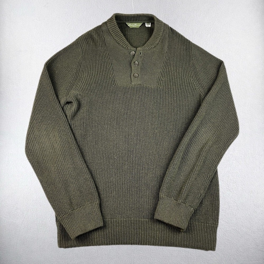 Eddie Bauer Sweater Mens XLT Green Henley Ribbed Knit 100% Cotton Pullover